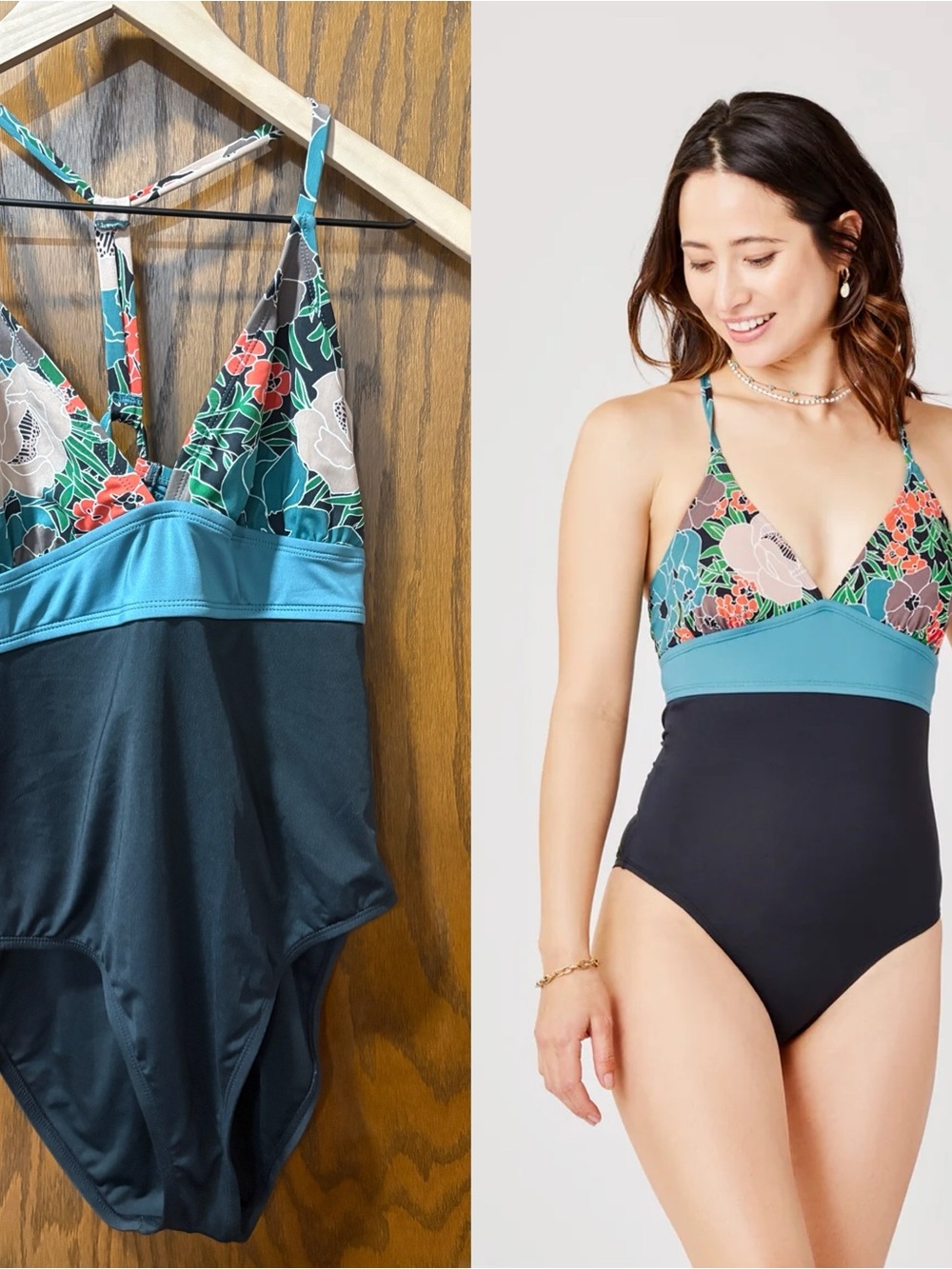 Carve Recycled Dahlia Floral Colorblock V-Neck Swim Teal Jardin W. Black Large